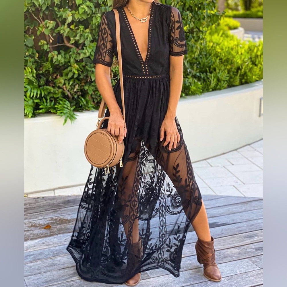 Elegant Long Black Lace Women Romper